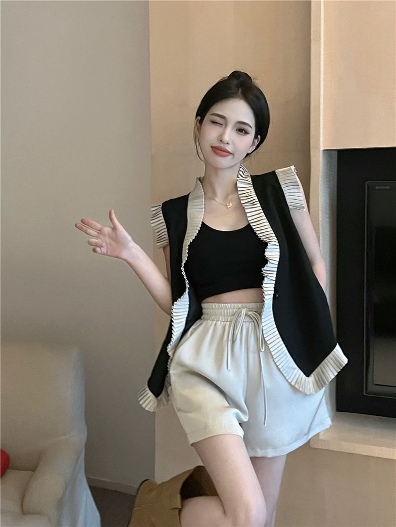 韓系風格穿搭兩件套裝女2023年夏季新款時尚氣質馬甲高腰闊腿短褲