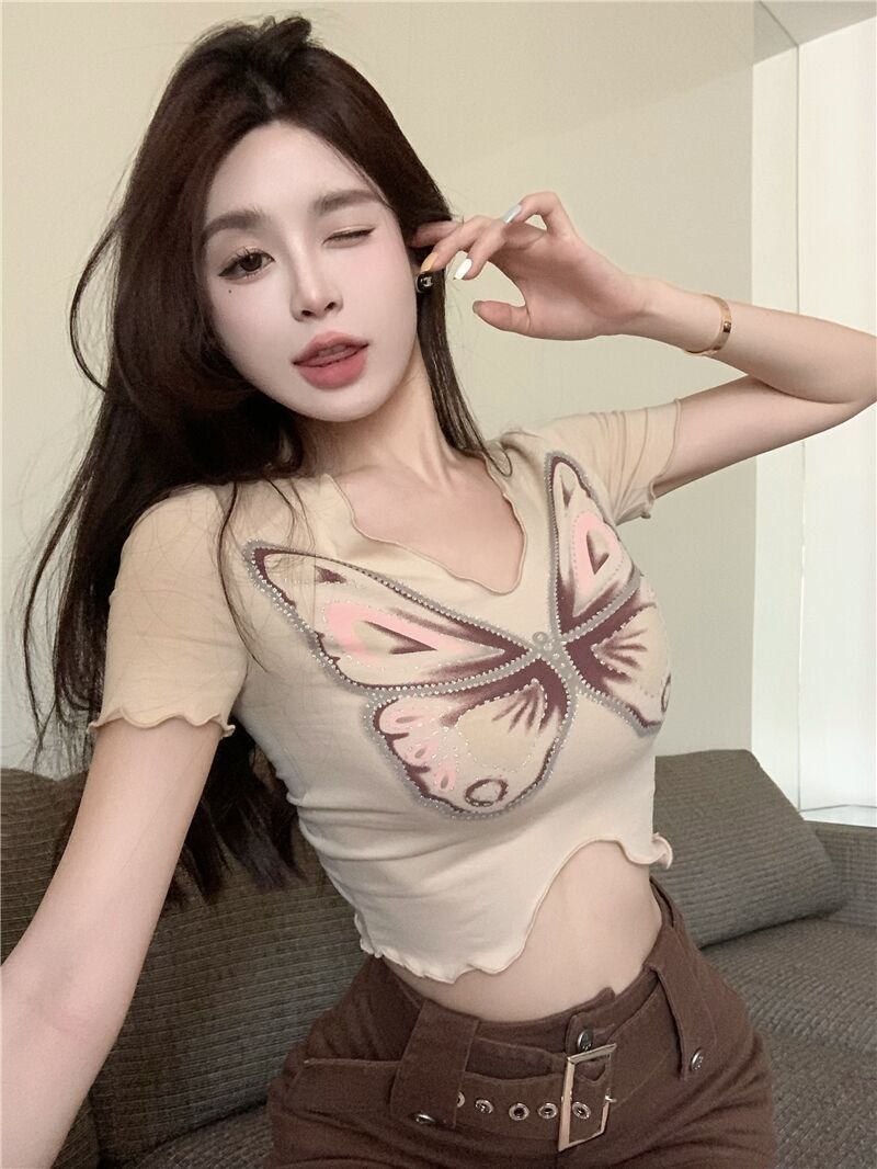 Han Fan summer personalized print wood ear tights T-shirt women's high waist exposed navel show figure hot girl all-match tops