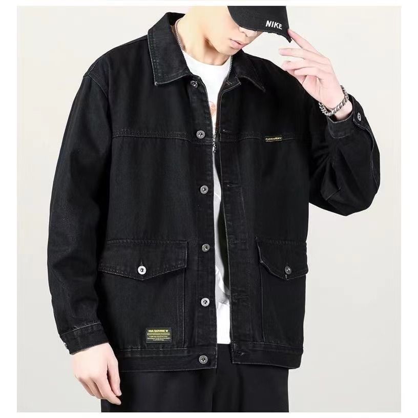 Spring high-end denim jacket men's loose multi-pocket trend all-match handsome top large size lapel casual jacket