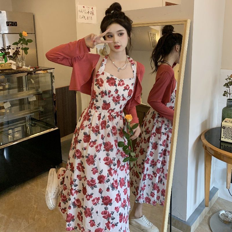 法式溫柔風掛脖吊帶連衣裙女夏季溫柔風碎花裙子防曬開衫兩件套潮