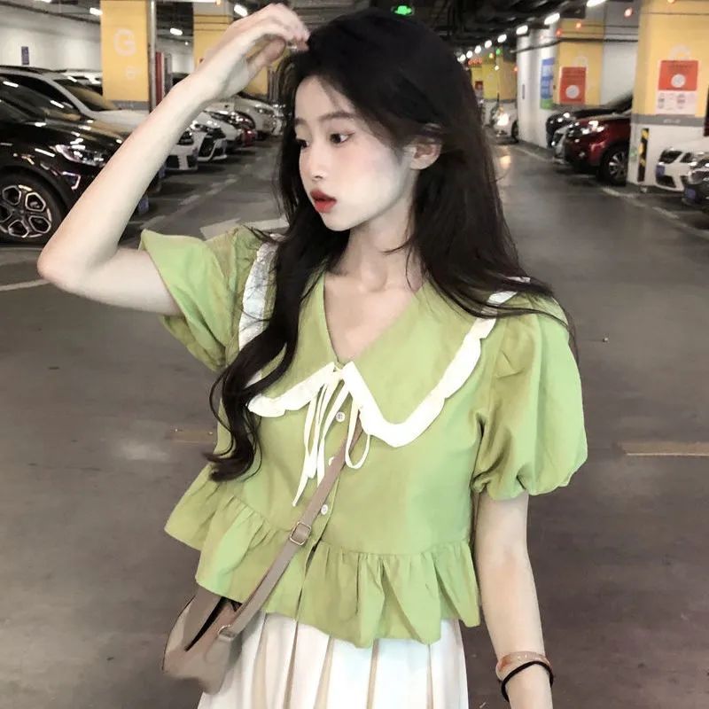 Bubble short-sleeved shirt French chic niche design top summer ladies age-reducing beautiful foreign-style doll shirt