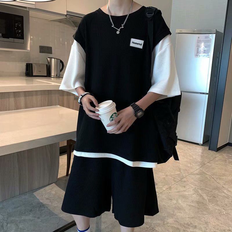 冰丝凉感套装男宽松休闲运动服短袖短裤一套搭配帅气夏季衣服潮牌