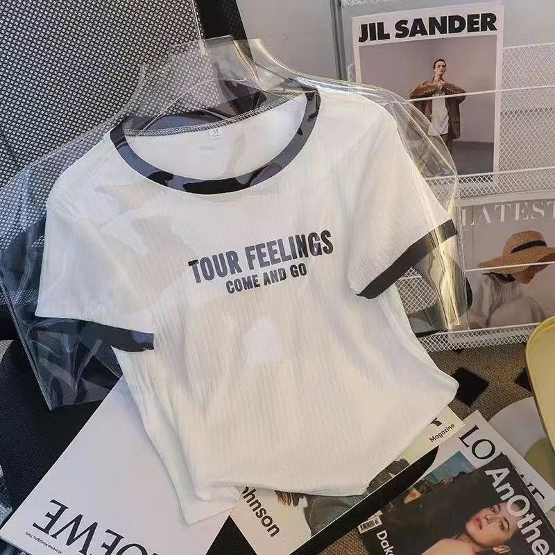 Front shoulder large size short-sleeved t-shirt female ins tide summer boudoir honey dress slim high waist short small shirt chic Hong Kong flavor top