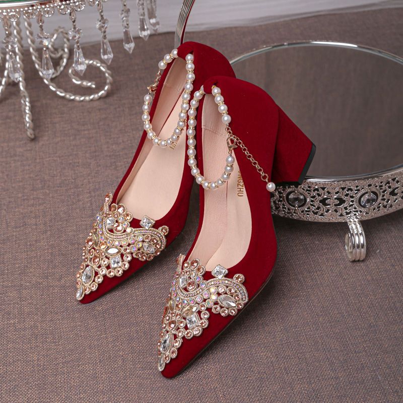 婚鞋女年秋季新款粗跟不累脚孕妇高跟鞋绑带红色新娘鞋秀禾鞋