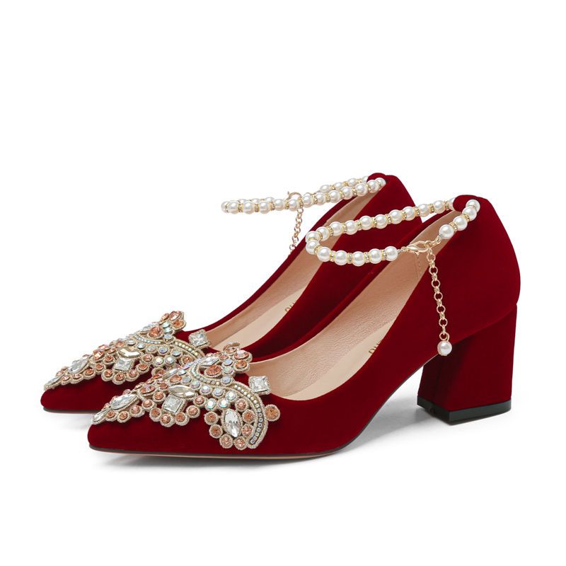 婚鞋女年秋季新款粗跟不累脚孕妇高跟鞋绑带红色新娘鞋秀禾鞋