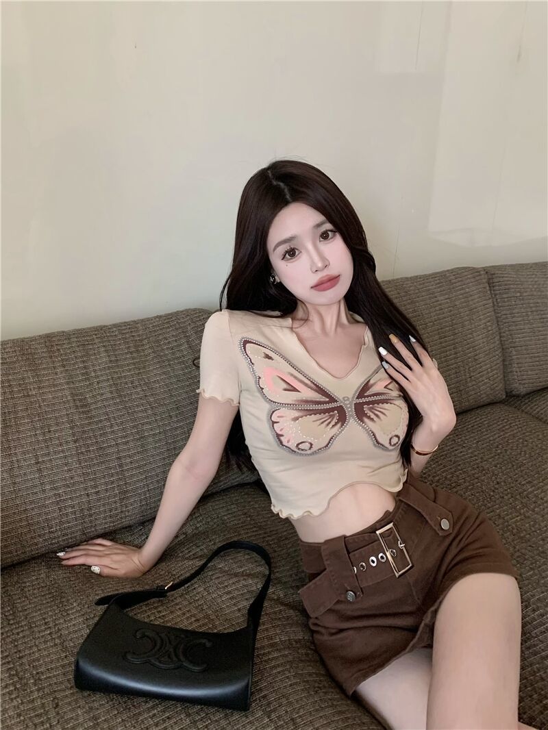 Han Fan summer personalized print wood ear tights T-shirt women's high waist exposed navel show figure hot girl all-match tops