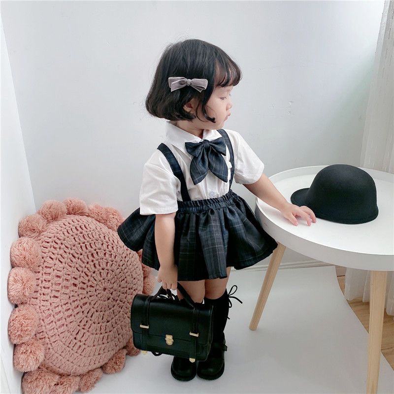 Girls' college style JK clothes can be worn in four seasons, baby girl's pleated suspender skirt, children's spring and autumn long sleeves, two-dimensional children