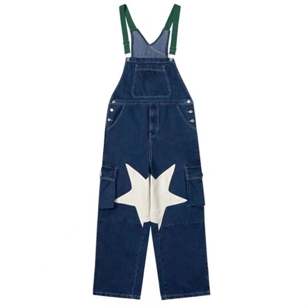 American retro star denim tooling suspenders pants women's summer thin section national tide design sense niche straight trousers