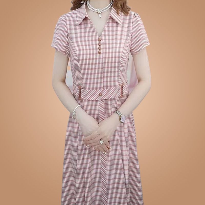大碼女裝短袖連衣裙女夏季2023年時尚洋氣格子中長款收腰顯瘦裙子