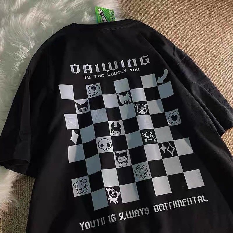 100%純棉短袖t恤男女夏季新款棋盤格情侶潮流百搭寬鬆半袖上衣潮T
