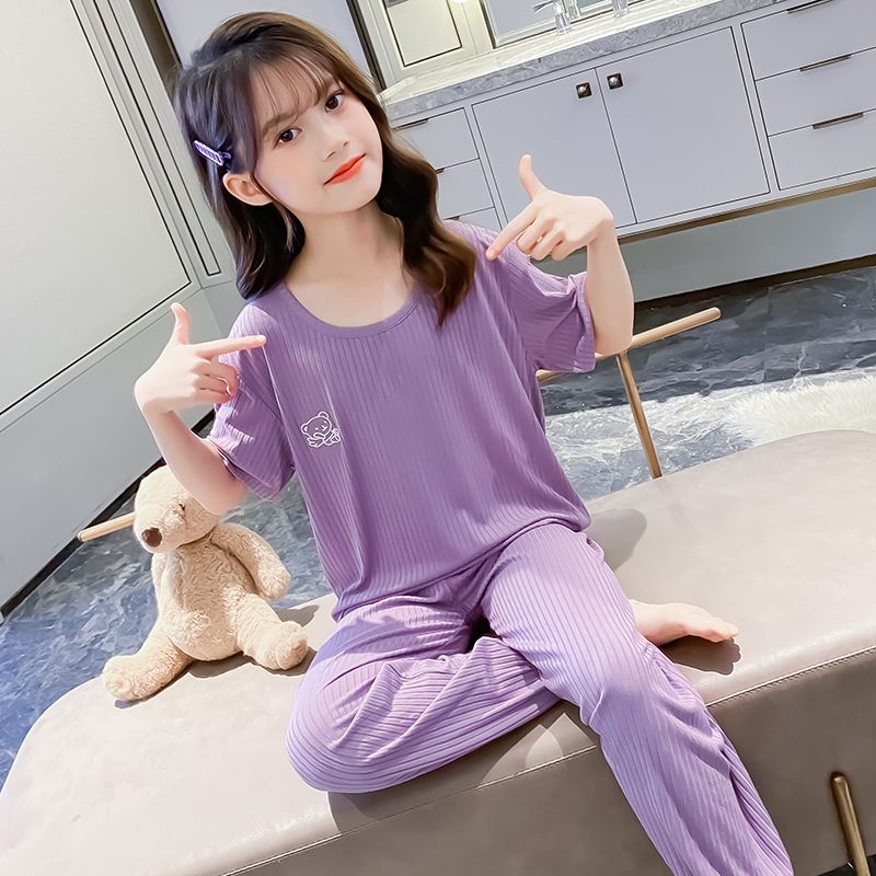 女童短袖睡衣夏季新款中大童莫代爾半袖長褲休閒兩件套薄款套裝潮