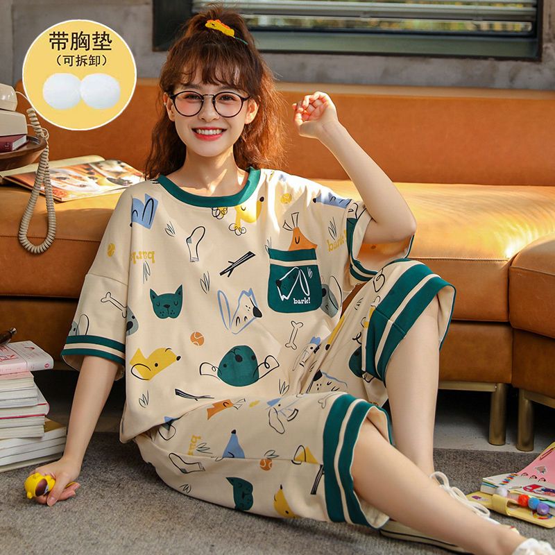 帶胸墊睡衣女夏季純棉短袖七分褲套裝薄款韓版寬鬆家居服女可外穿