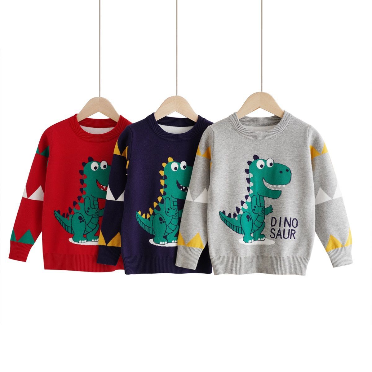 Xinmi children's clothing autumn and winter boys pure cotton plus velvet thick sweater saber-toothed dinosaur cartoon baby children's pullover sweater