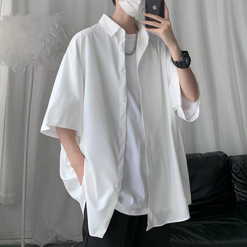 Ice silk white shirt short-sleeved men's summer trendy brand ruffian handsome loose high-end design niche jacket 2022 new