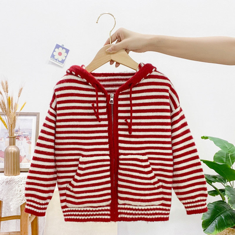 Girls spring sweater cardigan 2023 new children's striped Korean style hooded sweater medium and large children's outer top