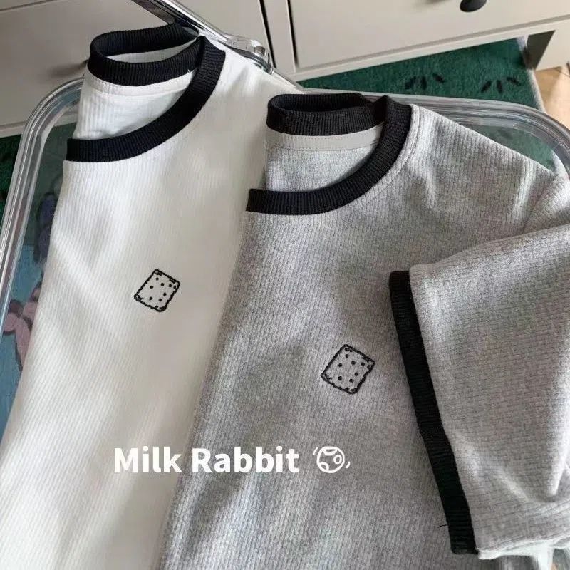 2023 spring and summer new front shoulder short embroidery t-shirt women's hit color tops short-sleeved all-match sweet loose tops trendy