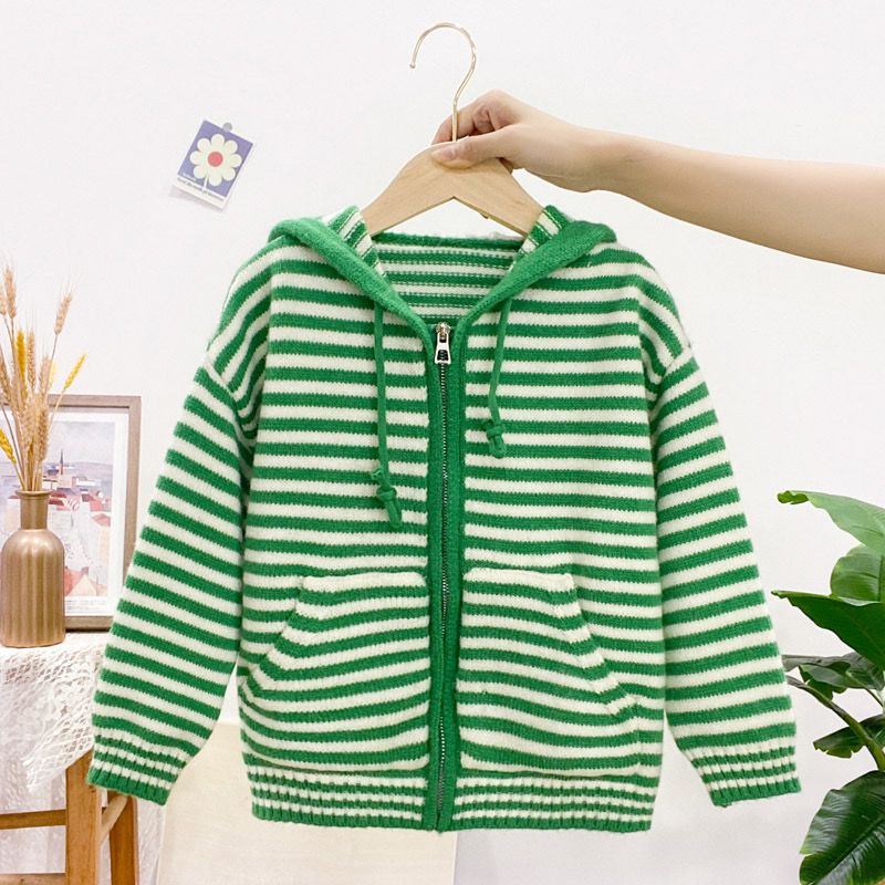 Girls spring sweater cardigan 2023 new children's striped Korean style hooded sweater medium and large children's outer top