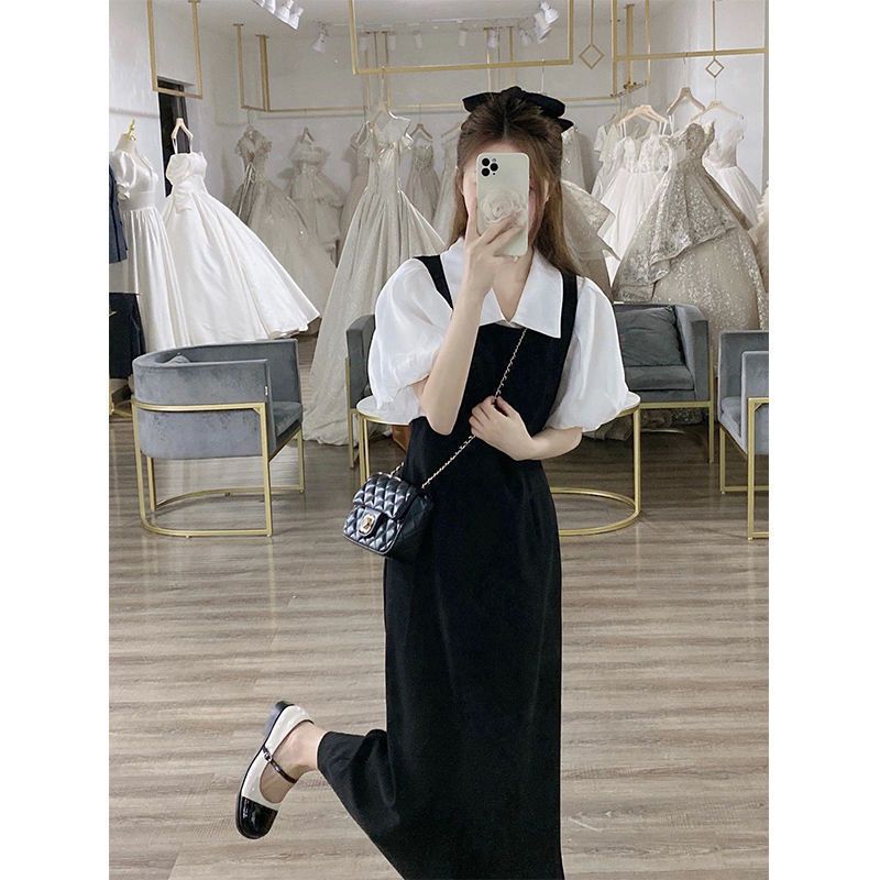 Summer gentle wear women's 2022 new Korean version of the college style age-reducing puff sleeve shirt strap skirt two-piece set