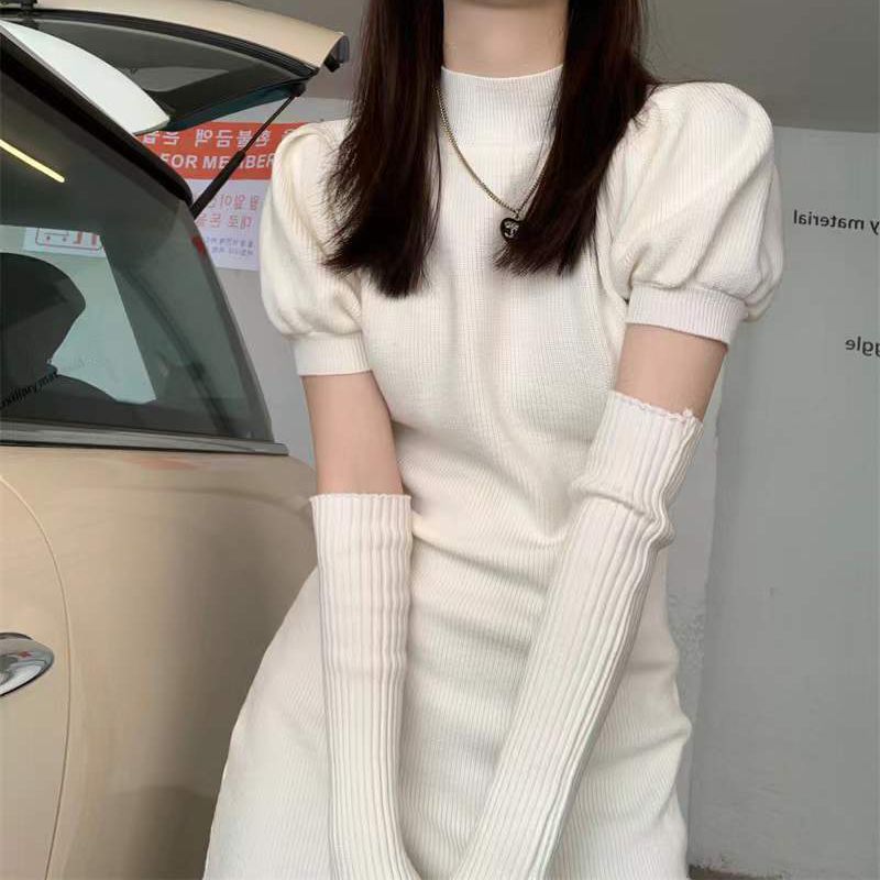 時髦新款袖套針織連衣裙女春秋冬季設計感修身顯瘦包臀打底裙子潮