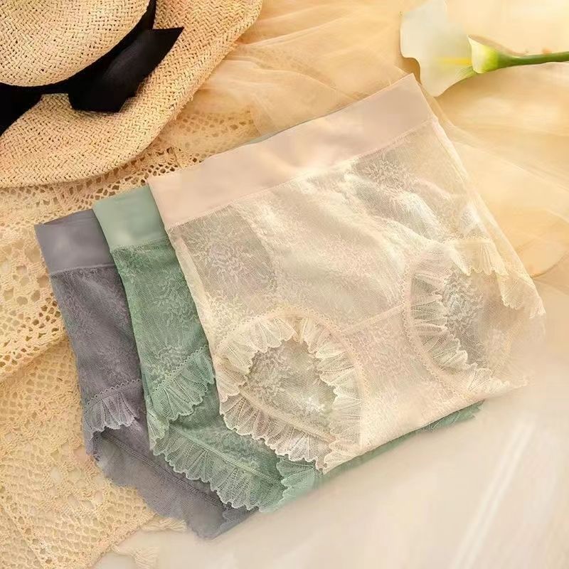 蕾絲內褲女抗菌性感冰絲無痕女士中高腰學生網紅爆款花邊三角短褲