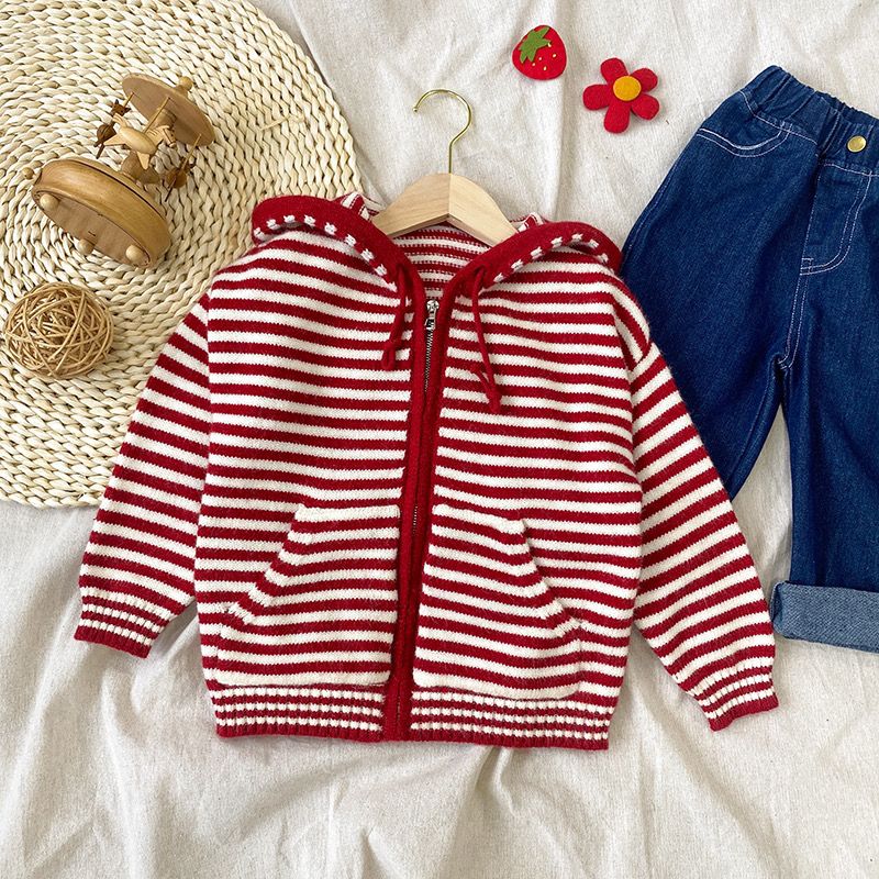 Girls spring sweater cardigan  new children's striped Korean style hooded sweater medium and large children's outer top