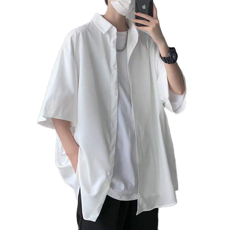 Ice silk white shirt short-sleeved men's summer trendy brand handsome loose high-end design niche jacket  new style