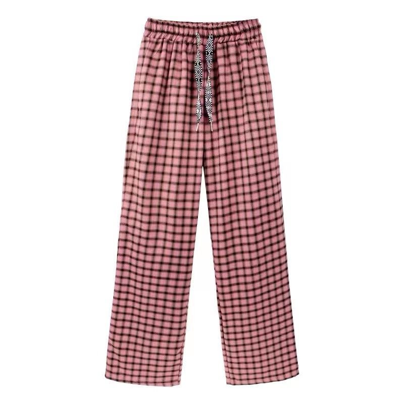 Pink drawstring plaid wide-leg pants for women summer thin high-waist drape loose straight slim floor-length casual trousers