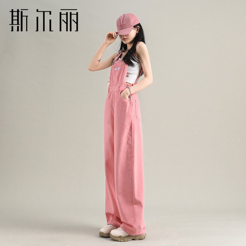 Pink denim overalls women's trendy new Korean version of the age-reducing loose straight-leg one-piece mopping wide-leg pants
