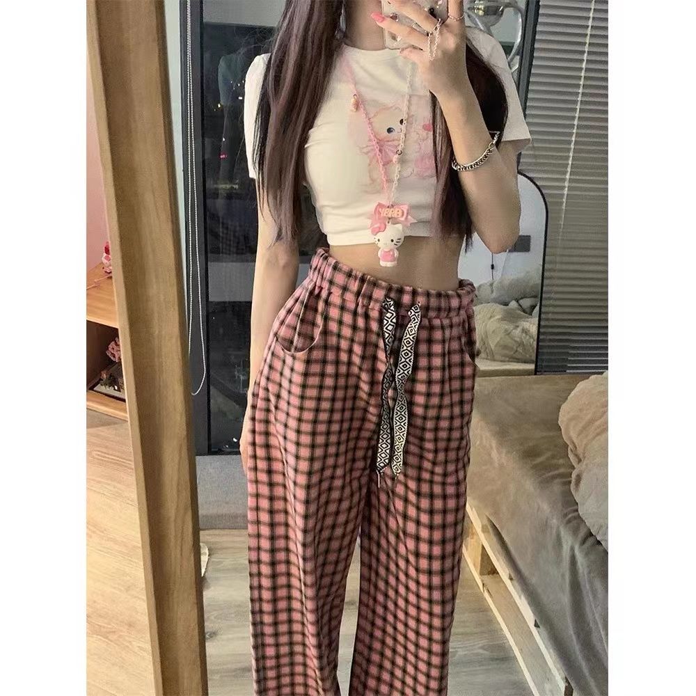 Pink drawstring plaid wide-leg pants for women summer thin high-waist drape loose straight slim floor-length casual trousers
