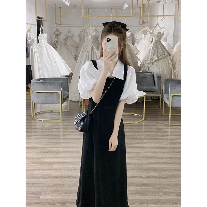 Summer gentle wear women's 2022 new Korean version of the college style age-reducing puff sleeve shirt strap skirt two-piece set