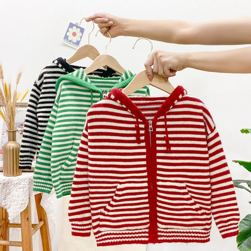 Girls spring sweater cardigan  new children's striped Korean style hooded sweater medium and large children's outer top