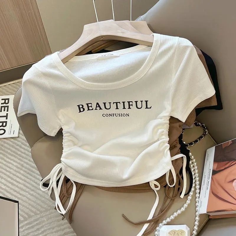 Korean version of U-neck letter drawstring printing niche design short-sleeved T-shirt women 2023 summer new all-match tops