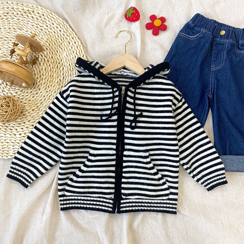 Girls spring sweater cardigan  new children's striped Korean style hooded sweater medium and large children's outer top