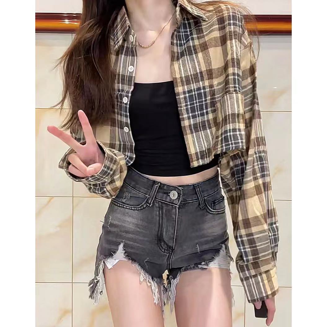 新款復古格子襯衫女春夏顯瘦長袖短款辣妹襯衣百搭上衣薄款外套女