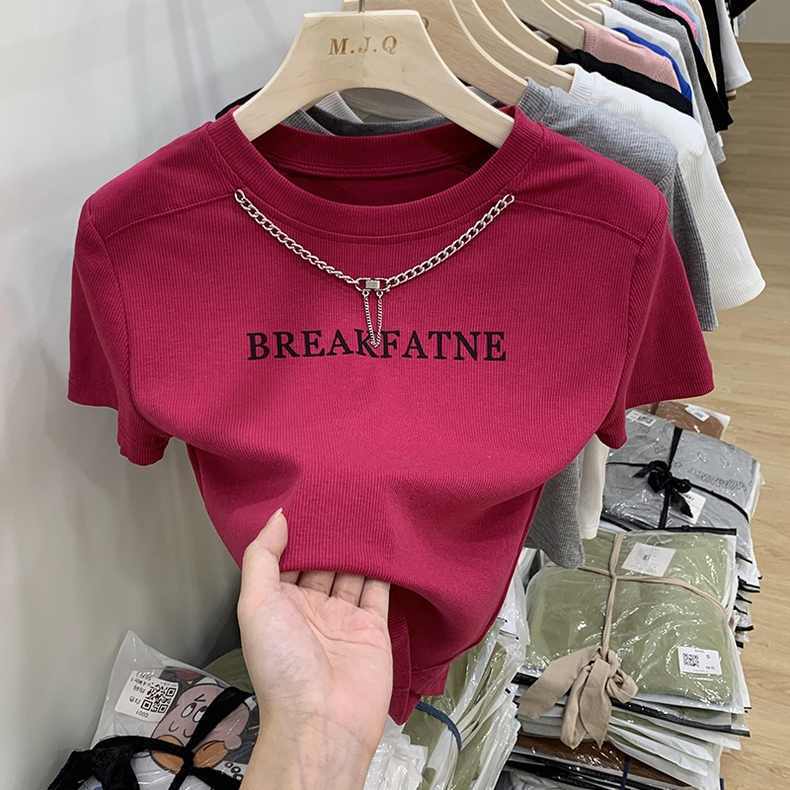 Threaded short t-shirt women's short-sleeved 2022 summer new chain design sense niche high waist printed letter top