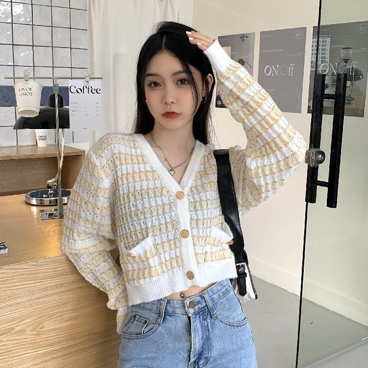 Korean style all-match knitted cardigan jacket women's autumn  new V-neck striped retro long-sleeved top ins style