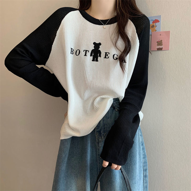 美式復古正肩上衣女春秋季新款韓風ins潮設計感拼接長袖T恤打底衫