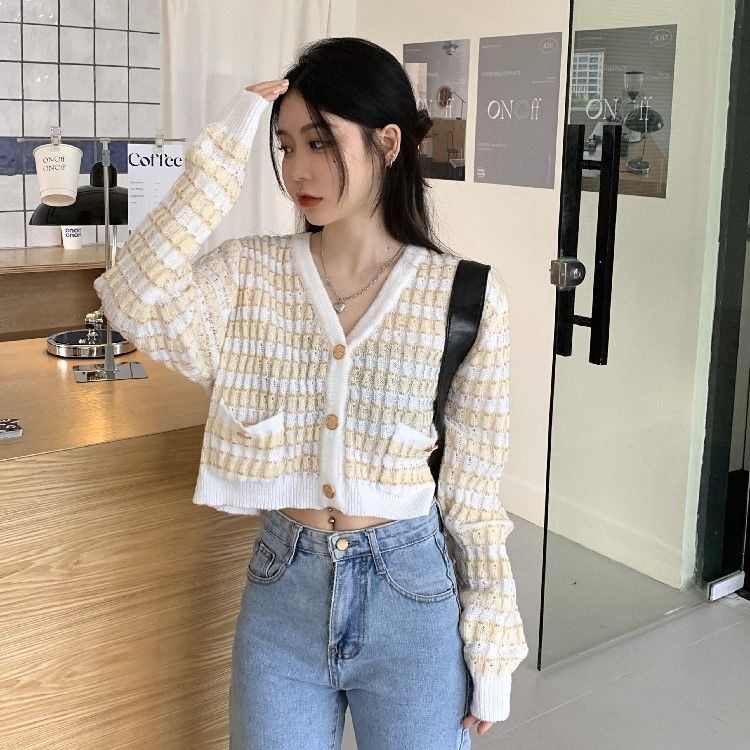 Korean style all-match knitted cardigan jacket women's autumn  new V-neck striped retro long-sleeved top ins style