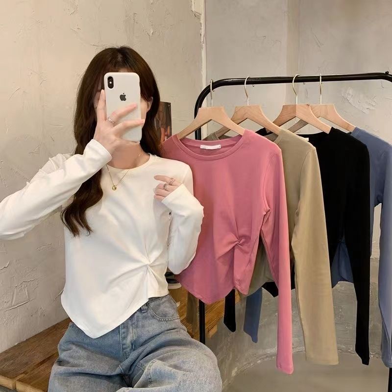 Irregular kink long-sleeved bottoming t-shirt women's short style 2022 autumn new design round neck top