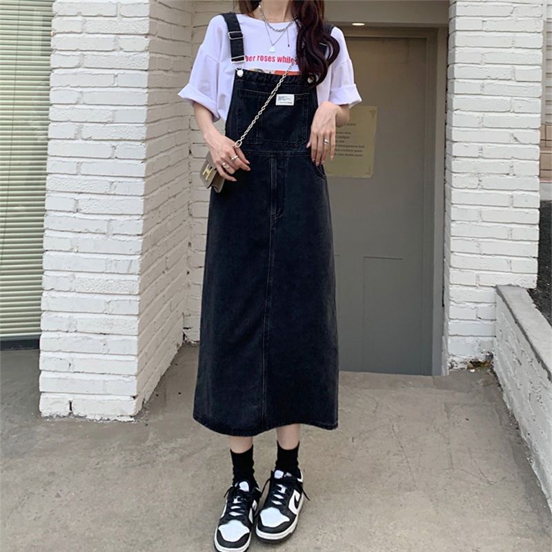 大碼復古牛仔背帶連衣裙女新款夏季小眾設計裙子高腰a字長裙