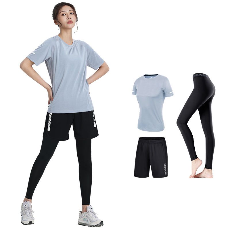 运动套装夏季女速干衣瑜伽裤健身服短袖跑步上衣宽松大码冰丝T恤
