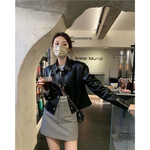 秋季PU短款皮衣外套女2023最新款流行時尚女休閒酷辣機車短外套潮