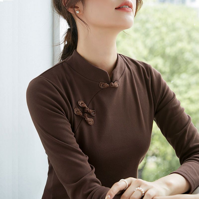 Chinese style bottoming shirt women Chinese style literary retro stand collar autumn and winter top cotton long-sleeved t-shirt button cheongsam style