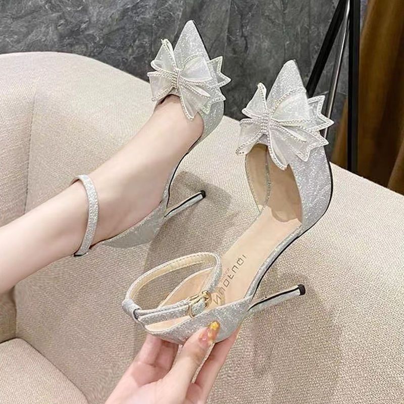 水晶婚鞋主婚纱鞋日常可穿细跟年新款配礼服银色高跟鞋女春季