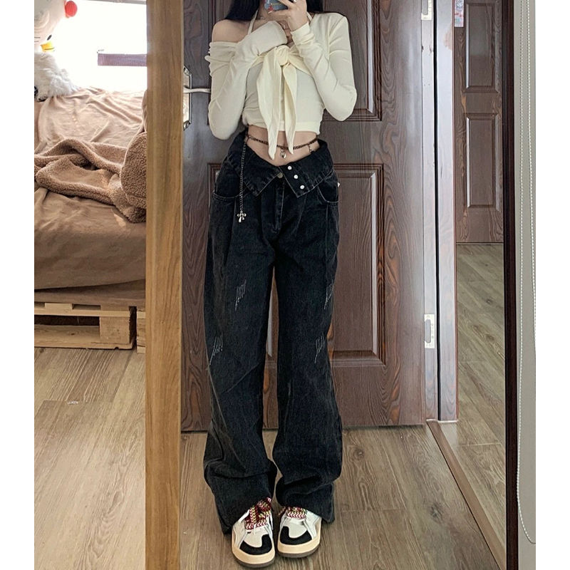 大碼胖mm港味復古黑色顯瘦牛仔褲女辣妹設計感美式高街直筒闊腿褲