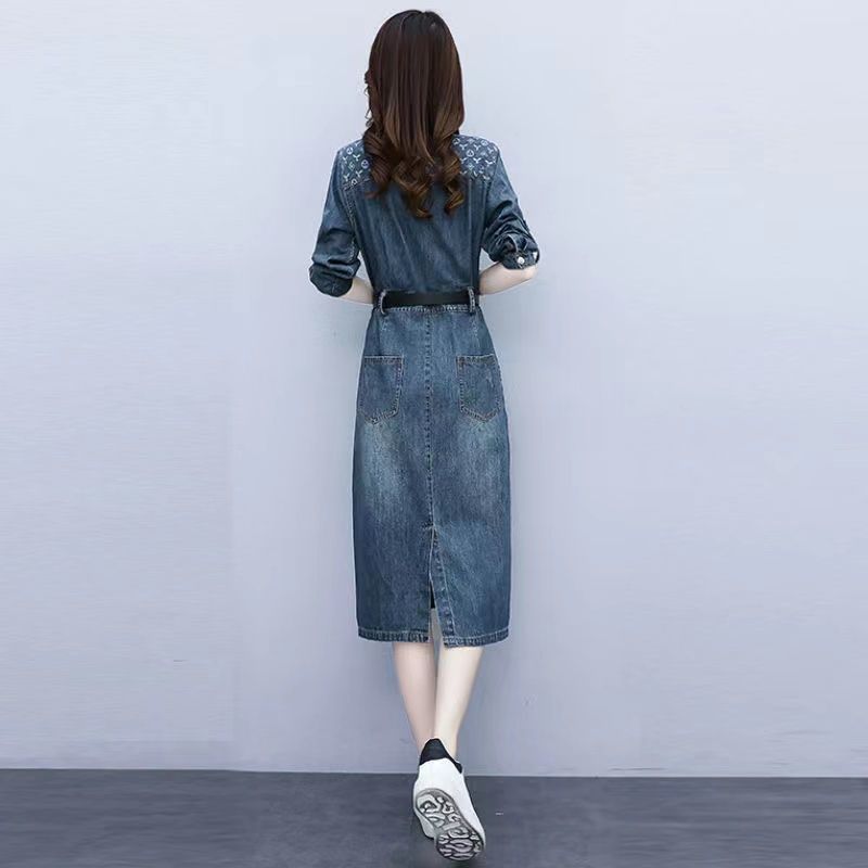 Denim Dress Women 2022 Autumn New Personality Design Temperament Waist Reducing Age Shirt Long Sleeve One-Piece Skirt