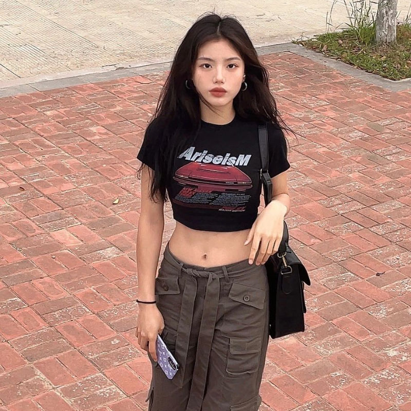 美式賽車印花短款短袖t恤女2022夏季新款修身露肚臍圓領辣妹上衣