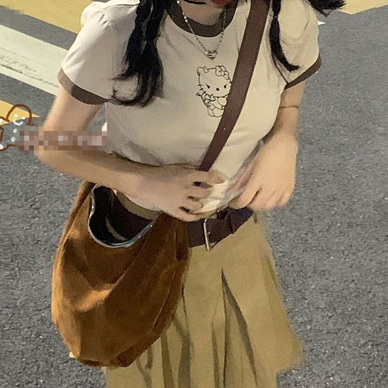 夏季ins日系復古辣妹修身百搭短袖正肩學生可愛印花拼接T恤上衣女