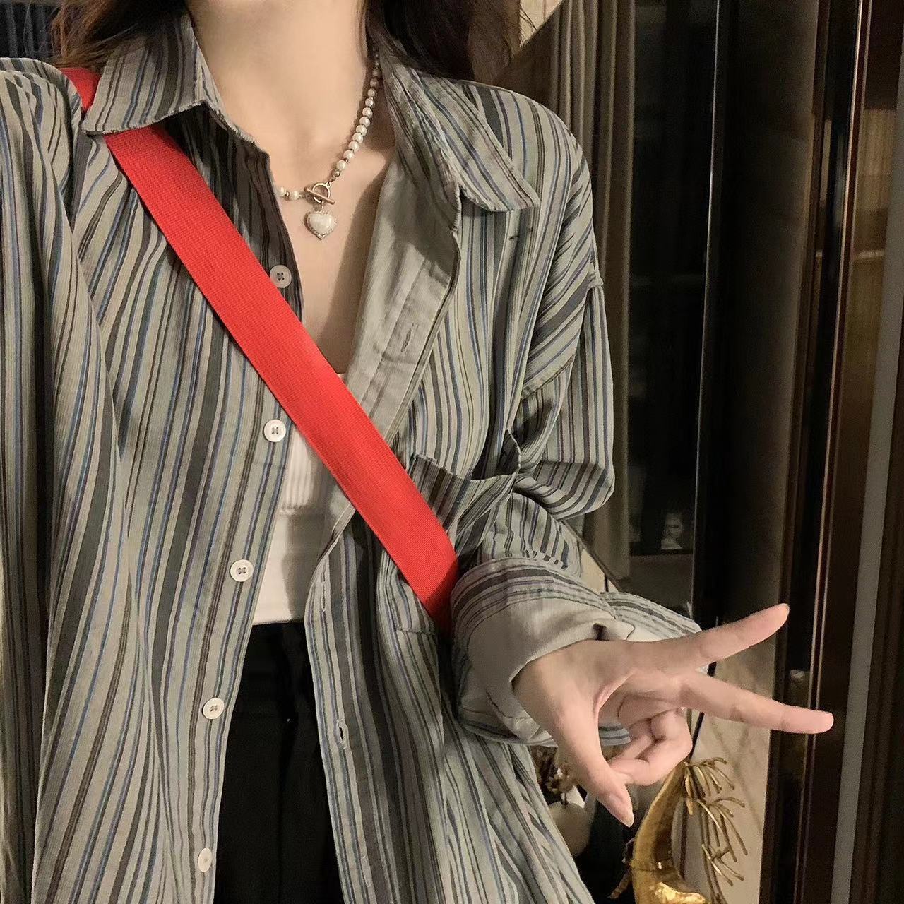 港風復古條紋襯衫女夏季新款雪紡襯衣韓版寬鬆百搭薄款外套防曬衣