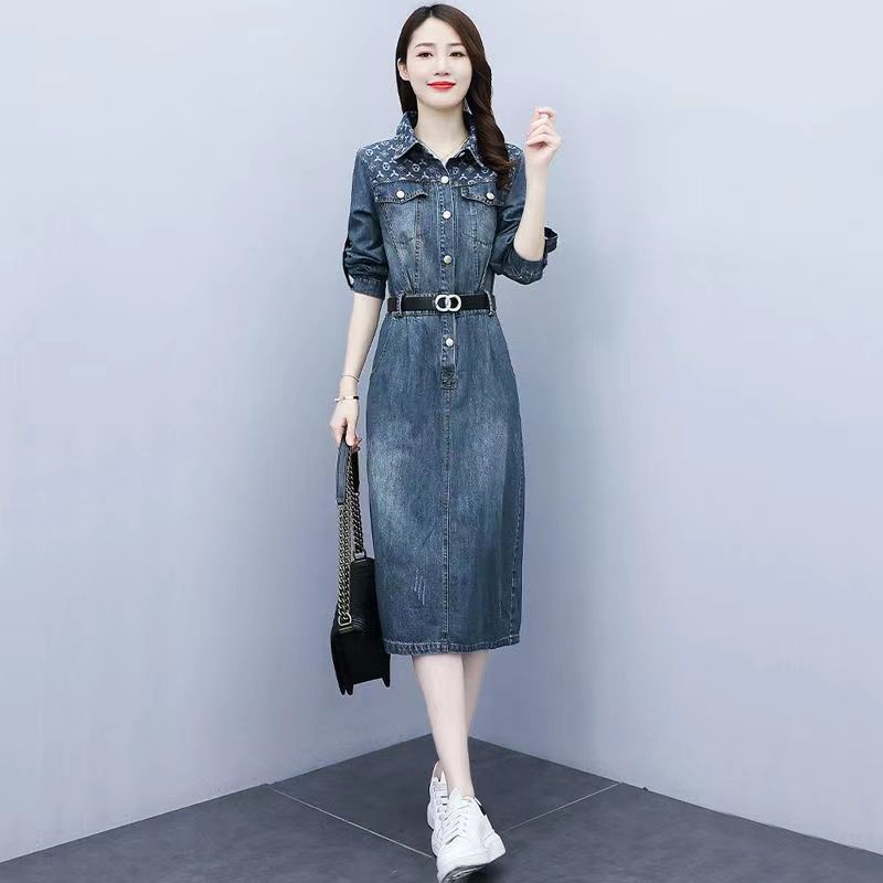 Denim Dress Women 2022 Autumn New Personality Design Temperament Waist Reducing Age Shirt Long Sleeve One-Piece Skirt